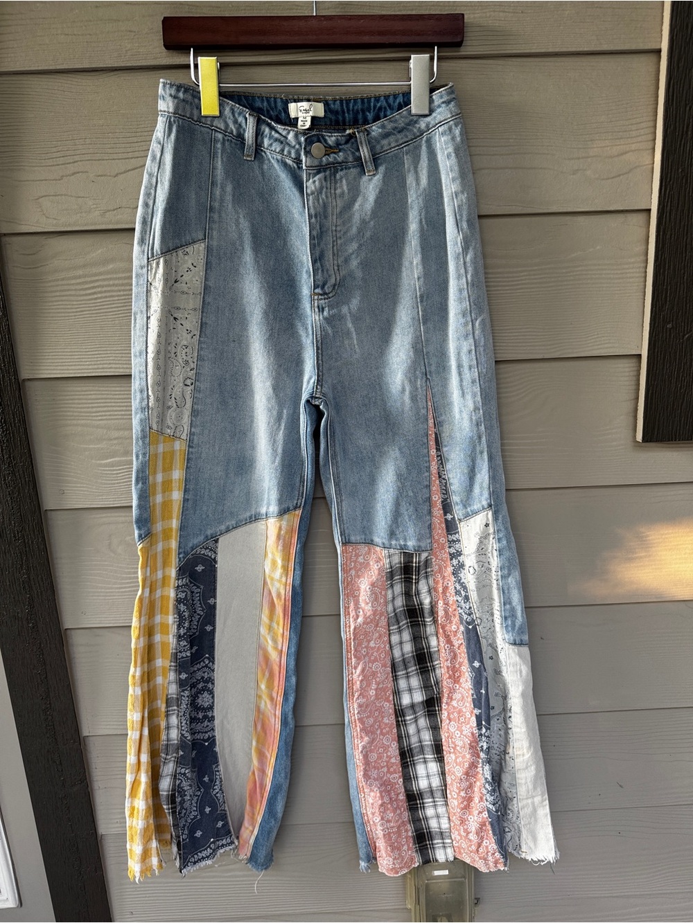 Easel Patchwork Jeans Wide Leg Bandana Plaid Boho Festival size m